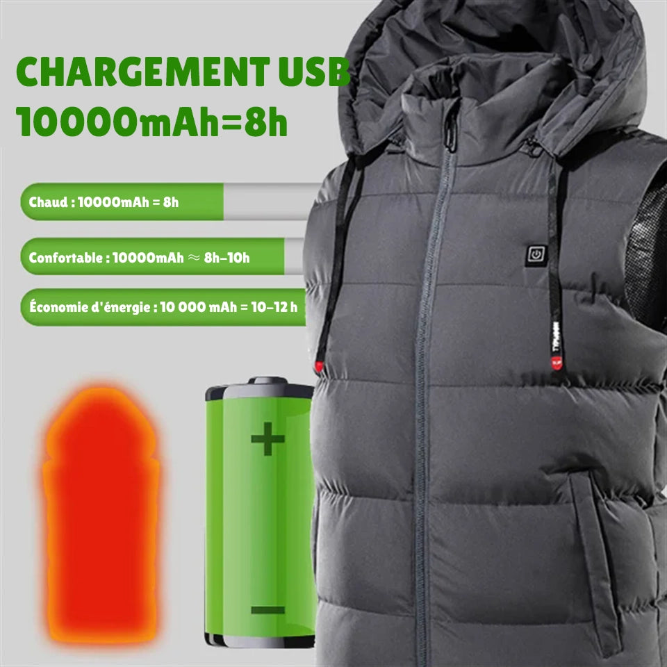 Gilet chauffant rechargeable pour homme, veste chauffante légère avec capuche amovible, gilet chauffant pour la randonnée